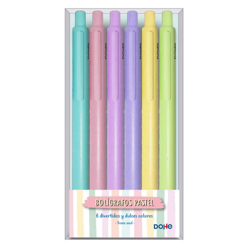 Pack de 6 bolígrafos en tonos pastel. Colores surtidos: Lila, morado, amarillo, verde, rosa y azul