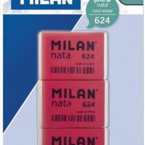 Milan Nata 624 Pack de 3 Gomas de Borrar Rectangulares - Plastico - Suave - No Abrasiva - Color Rojo/Blanco