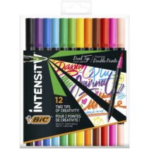 Bic Intensity Dual Tip Pack de 12 Rotuladores Doble Punta - Punta de Pincel + Punta Fina - Tinta con Base de Agua - Colores Clasicos Surtidos