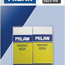 Milan Nata 6024 Graphic Pack de 2 Gomas de Borrar Rectangulares - Plastico - Faja de Carton Amarilla - No daña el Papel - Color Blanco