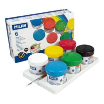 Milan Pack de 6 Botes de Tempera 40ml + 1 Pincel Serie 101 - Secado Rapido - Mezclable - Colores Surtidos