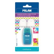 Milan Capsule Blister Afilaborras - Sacapuntas y Goma de Borrar + 2 Gomas de Borrar de Recambio - Cuchilla de Acero al Carbono - Para todo tipo de Lapices - Cuchilla de Seguridad - Colores Surtidos