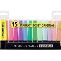 Stabilo Boss 70 Pack de Escritorio de 15 Marcadores Fluorescente - Practica Base para Escritorio - Trazo entre 2 y 5mm - Recargable - Tinta con Base de Agua - Colores 9 Fluo + 6 Pastel