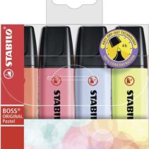 Stabilo Boss 70 Pastel Pack de 4 Marcadores Fluorescentes - Trazo entre 2 y 5mm - Recargable - Tinta con Base de Agua - Colores Surtidos