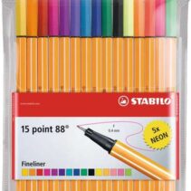 Stabilo Point 88 Pack de 15 Rotuladores de Punta Fina de Fibra - Trazo de 0.4 mm - Tinta con Base de Agua - 10 Colores Surtidos + 5 Neon