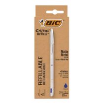 Bic Cristal Re´new Pack de Boligrafo Recargable de Bola + 2 Recambios - Punta Redonda de 1.0mm - Trazo 0.32mm - Tinta con Base de Aceite - Cuerpo Metalico - Color Azul