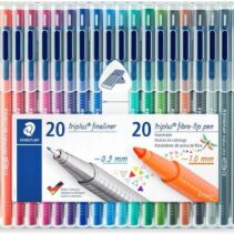 Staedtler Triplus Pack de 20 Rotuladores de Punta Fina 0.3mm + 20 Rotuladores de Punta Fibra 1mm - Capuchon con Clip - Colores Surtidos