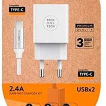 TechOneTech Cargador Doble de Pared + Cable USB-A a USB-C 1m - Recubierto de Nylon Trenzado