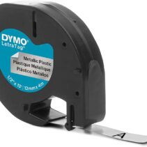 Dymo LetraTag S0721730 Cinta de Etiquetas Original para Rotuladora - Texto negro sobre fondo metalico - Ancho 12mm x 4 metros (91208)