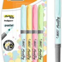 Bic Highlighter Grip Pack de 4 Marcadores Fluorescentes Pastel - Tinta con Base de Agua - Punta Biselada - Trazo entre 1.60 y 3.30mm - Colores Surtidos