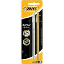 Bic Cristal Shine Pack de 2 Boligrafos de Bola - Punta Media de 1.0mm - Tinta con Base de Aceite - Cuerpo Plateado y Dorado - Color Azul y Negro