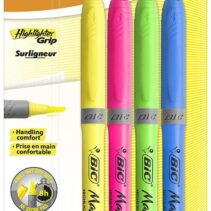 Bic Highlighter Grip Pack de 4 Marcadores Fluorescentes - Tinta con Base de Agua - Punta Biselada - Trazo entre 1.60 y 3.30mm - Colores Surtidos