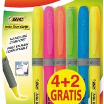 Bic Brit Liner Grip 4+2 Pack de 6 Marcadores Fluorescentes - Tinta con Base de Agua - Punta Biselada - Trazo entre 1.60 y 3.30mm - Colores Surtidos