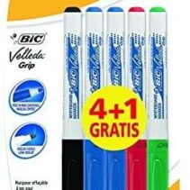 Bic Velleda Grip 4+1 Pack de 5 Rotuladores para Pizarra - Zona con Grip - Punta Media - Trazo de 1.2mm - Borrado Optimo - Colores Surtidos