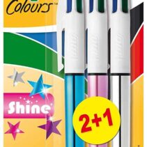 Bic 4 Colours Shine 2+1 Pack de 3 Boligrafos de Bola Retractil - Punta Media de 1.0mm - Tinta con Base de Aceite - Cuerpo de Colores Metalicos Surtidos - 4 Colores