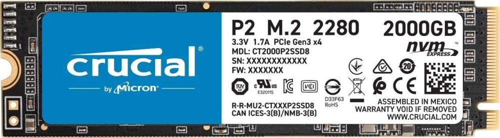 Crucial P2 Disco Duro Solido SSD M2 2TB M2 PCIe Gen3 NVMe