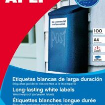 Apli Pack de 100 Etiquetas Resistentes Intemperie 210 x 297mm -  Poliester con Acabado Mate - Cantos Rectos - Color Blanco