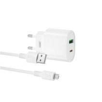 XO L81AMC Cargador de Corriente Tipo C y USB QC 3.0 20W + Cable Micro USB - Carga Rapida - Salida con Proteccion Inteligente - Color Blanco