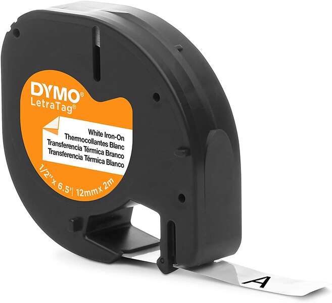 Dymo LetraTag S0718850 Cinta de Etiquetas Textiles de adhesion por plancha Original para Rotuladora - Texto negro sobre fondo blanco - Ancho 12mm x 2 metros (18769)