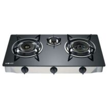 Muvip Cocina de Gas Inox 3 Fuegos - Cristal Templado - Encendido Piezoelectrico - Quemador de Hierro Fundido Desmontable