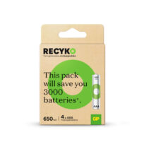 GP ReCyko Pack de 4 Pilas Recargables 650mAh AAA 1.2V - Precargadas - Fabricadas con mas del 10% de Materiales Reciclados