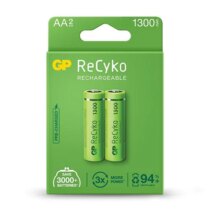 GP ReCyko Pack de 2 Pilas Recargables 1300mAh AA 1.2V - Precargadas - Fabricadas con mas del 10% de Materiales Reciclados