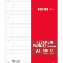 Enri Plus Recambio Formato A4 - Pautado 3.5mm 4 Taladros - 100 Hojas 90gr con Margen