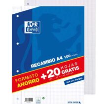 Oxford Recambio Formato A4 Cuadriculado 4x4mm 4 Taladros - 100 Hojas + 20 Gratis 90gr con Margen