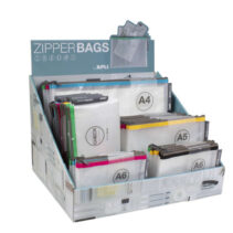 Apli Expositor de Zipper Bags - 80 Unidades en 4 Medidas Surtidas - 5 Colores Resistentes - Goma Eva Transparente de Alta Calidad