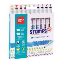 Apli Rotuladores Stamps - Ø 14.4x137 mm - Doble Punta con Sello y Color - 10 Colores/Sellos Diferentes - Cuerpo Cilindrico y Puntas Bloqueadas de Ø 7.5 mm - Capuchon Anti Asfixia - Tinta de Larga Duracion