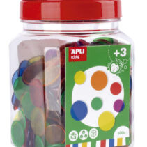 Apli Kit de 500 Piezas Redondas de Plastico Transparente - 25mm y 18mm - Ideal para Mesas de Luz y Practicas de Secuencias y Clasificaciones - Formato Maxi en Bote con Tapa - Colores Surtidos