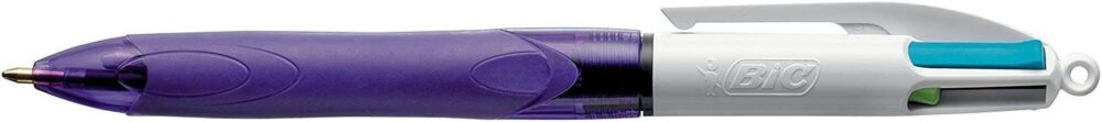 Bic 4 Colours Grip Fashion Boligrafo de Bola Retractil con Grip - Punta Media de 1mm - Trazo de 0.4mm - Tinta con Base de Aceite - Cuerpo Blanco/Morado Transparente - 4 Colores