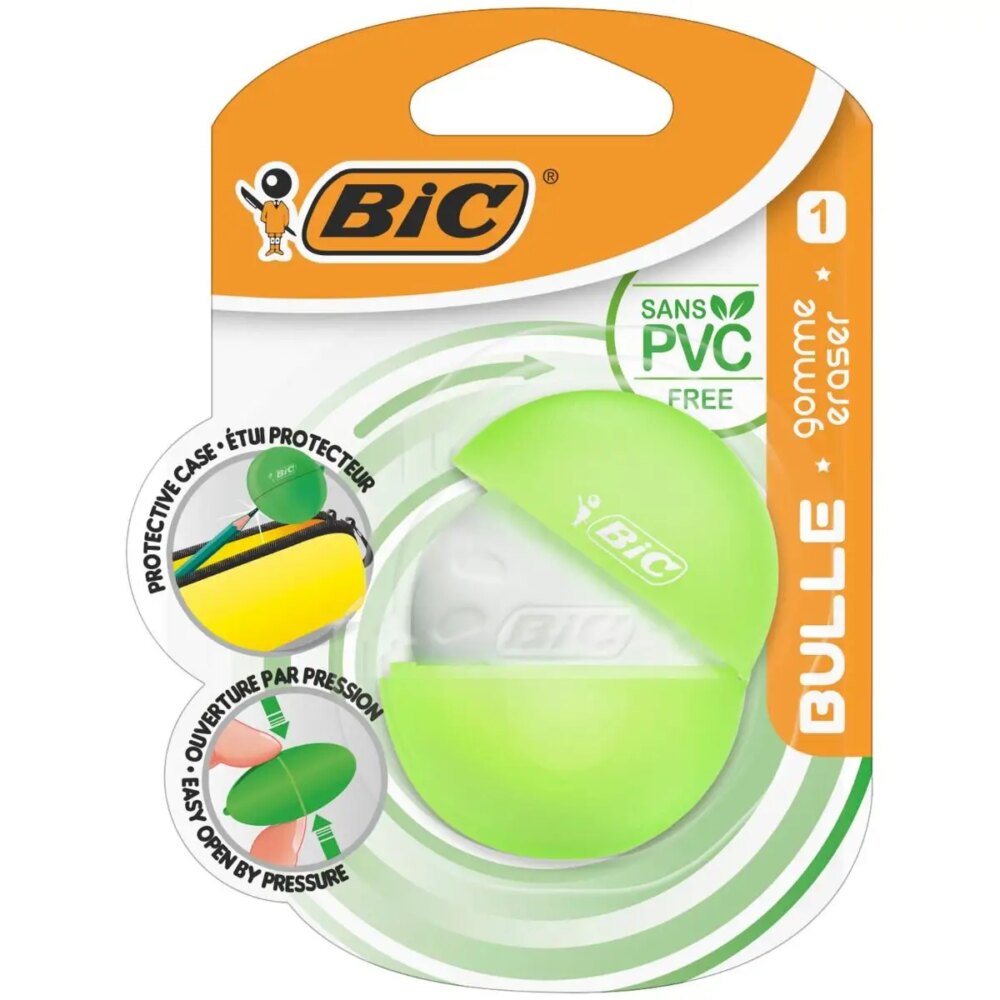 Bic Bulle Goma de Borrar Blanca - Caucho Sintetico - Sin PVC - Funda Protectora de Colores Aleatorios