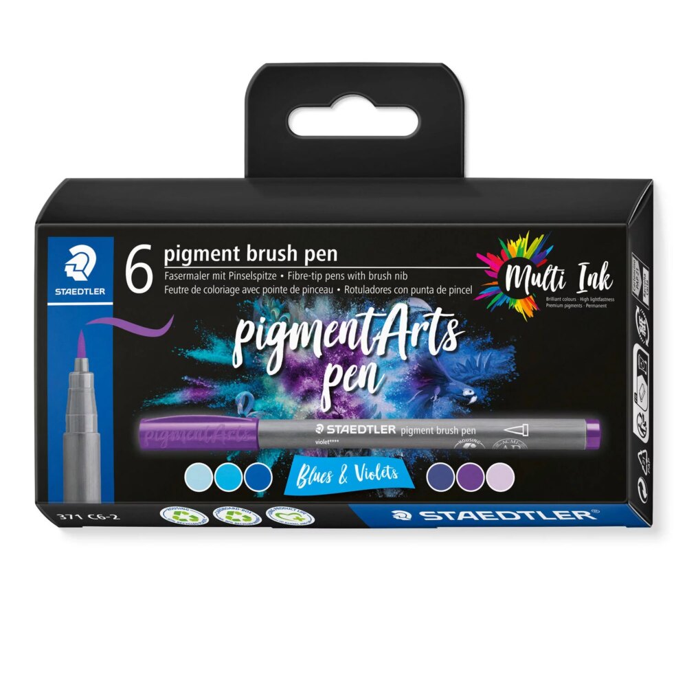 Staedtler 371 Pack de 6 Rotuladores Punta de Pincel Suave - Colores Vivos y Brillantes - No Amarillea con el Paso del Tiempo - Nueva Tinta Multi Ink - Pigmentos de Primera Calidad - Colores Azules/Violetas Surtidos