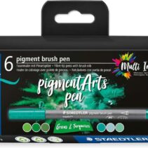 Staedtler 371 Pack de 6 Rotuladores Punta de Pincel Suave - Colores Vivos y Brillantes - No Amarillea con el Paso del Tiempo - Nueva Tinta Multi Ink - Pigmentos de Primera Calidad - Colores Verdes/Turquesas Surtidos