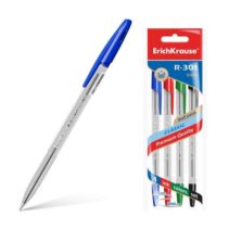 Erichkrause R-301 Pack de 4 Boligrafos de Bola Punta 1.0mm - Trazo 0.5mm - Tinta de Secado Rapido - Cuerpo Transparente - Capuchon Ventilado - Colores Azul