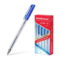 Erichkrause Boligrafo Ultra-10 - Punta Metalica de Tipo Aguja - Cuerpo Hexagonal Transparente - Tinta de Baja Viscosidad - Color Azul