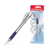 Erichkrause Cuchillo de Papeleria - Cuchillos de Precision para Cortes de Papel - Cuerpo Metalico con Agarre de Goma - Cuchilla Segmentada de Acero Resistente al Desgaste - Resistente a La Corrosion - Blister 1 Ud - Color Plateado