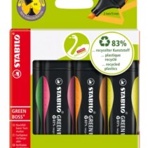 Stabilo Green Boss Pack de 4 Marcadores Fluorescentes - Fabricado con un 83% de Plastico Reciclado - Trazo entre 2 y 5mm - Recargable - Colores Surtidos