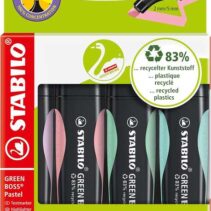 Stabilo Green Boss Pastel Pack de 4 Marcadores Fluorescentes - Fabricado con un 83% de Plastico Reciclado - Trazo entre 2 y 5mm - Recargable - Colores Surtidos Pastel