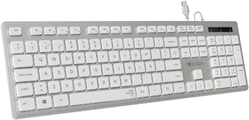 Subblim Teclado Ergo con Conexion por Cable USB Plug & Play - Teclas Ergonomicas de Bajo Perfil y Forma Concava - Pulsaciones Silenciosas y Suaves - Disposicion de Tamaño Completo - Color Blanco