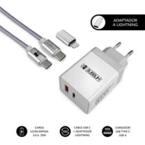 Subblim Cargador de Pared 25W - 2 Puertos (USB C + USB A) - Carga ultra rápida - Cable USB C de altas prestaciones - Exterior de fibra de nailon - Longitud 1m - Color Blanco