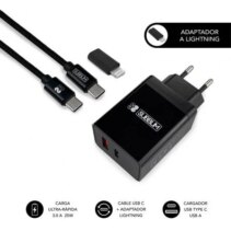 Subblim Cargador doméstico de 2 puertos - 25W - Carga rápida PD 3.0/2.0/Quick Charge 3.0 4.0 2.0 - Cable USB C reversible - Color Negro