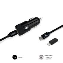 Subblim Cargador Coche Dual PD20W+QC3.0+C to C/Lightning cable - Carga Rápida - 2 Puertos USB C + USB A - Cable USB C reversible con adaptador Lightning - Potencia máxima 20W - Color Negro