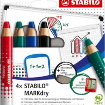 Stabilo MARKdry Pack de 4 Marcadores para Pizarra + Sacapuntas + Paño de Limpieza - Mina XXL de 10mm - Madera 100% Certificada PRFC - Colores Azul