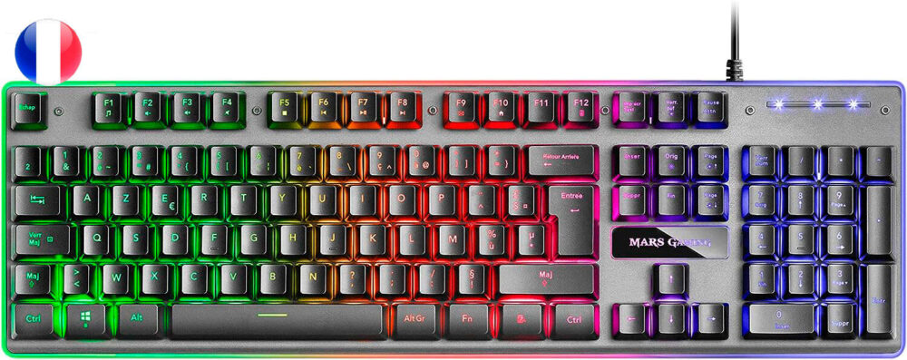 Mars Gaming Teclado Gaming MK220 - Tecnologia H-MECH - Iluminacion FRGB Rainbow - Panel de Aluminio - Base de ABS Reforzado - Diseño Completo - Material Aluminio + ABS - Longitud del Cable 150cm - Frances - Color Negro