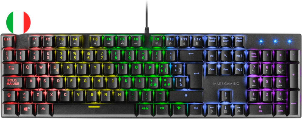 Mars Gaming Teclado Mecanico RGB MK422 - Tecnologia Antipolvo - 12 efectos de Iluminacion - Teclas imborrables - Funciones Multimedia y Modo Juego - PR de 1000Hz - Anti-Ghosting Avanzado - Compatibilidad Multiplataforma - Italiano - Color Negro