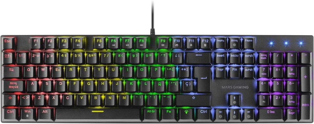 Mars Gaming Teclado Mecanico RGB MK422 - Tecnologia Antipolvo - Efectos de Iluminacion Rainbow - Teclas Ultra-resistentes - Funciones Multimedia y Modo Juego - PR de 1000Hz - Anti-Ghosting Avanzado - Compatibilidad Multiplataforma - Color Negro