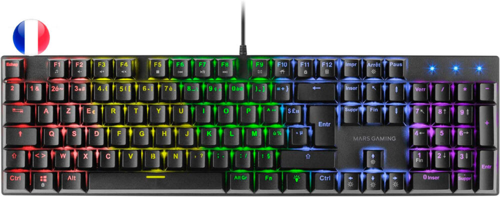 Mars Gaming Teclado Mecanico RGB MK422 - Tecnologia Antipolvo - Efectos de Iluminacion Rainbow - Teclas Ultra-resistentes - Funciones Multimedia y Modo Juego - PR de 1000Hz - Anti-Ghosting Avanzado - Compatibilidad Multiplataforma - Frances - Color Negro