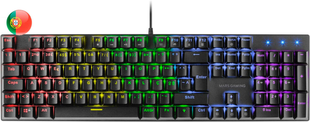 Mars Gaming Teclado Mecanico RGB MK422 - Tecnologia Antipolvo - Efectos de Iluminacion Rainbow - Funciones Multimedia y Modo Juego - PR de 1000Hz - Anti-Ghosting Avanzado - Compatibilidad Multiplataforma - Portugues - Color Negro